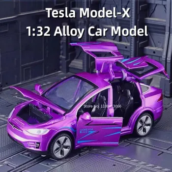 1:32 Tesla Model-X Модель Легкосплавного Автомобиля, Отлитая под давлением Металлическая Откидывающаяся Игрушечная Машина со Звуком и светом, Коллекция Автомобилей, Игрушки для Мальчиков, Подарки