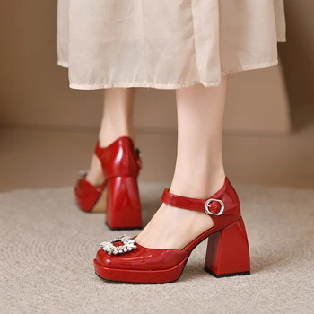 2023 Мода Кристалл Мэри Джейн Женская Обувь Лодыжки Ремень Высокие Каблуки Партия Обуви Женщина Лакированная Кожа Квадратный Лодочки На Платформе На Каблуке 