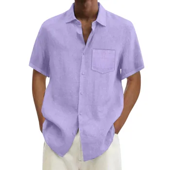 2023 Новая льняная рубашка с коротким рукавом для мужчин, Однотонная повседневная рубашка из искусственного хлопка, льняные рубашки, Дышащие топы большого размера