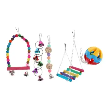 5шт жевательных игрушек-качелей для попугаев, Ротанговый шар, Струнные колокольчики, насесты