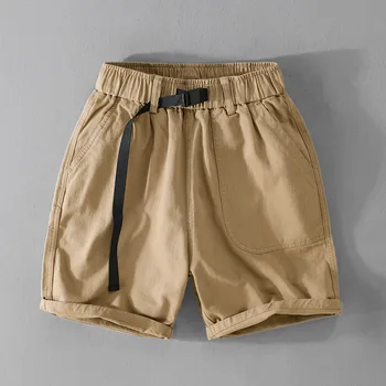 7704 Летние Модные мужские хлопковые шорты-карго с эластичной резинкой на талии Повседневные Свободные Однотонные Простые Универсальные брюки средней длины