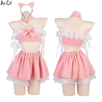 AniLV 2023 Аниме Девушка Лолита, милая Розовая кошка, горничная, женские топы с открытыми плечами, юбка для торта, наряды, костюмы, косплей