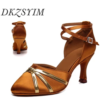 DKZSYIM/ Женская современная танцевальная обувь, сшитая цветным шелком, на высоком каблуке с мягкой подошвой, с закрытым носком, элегантная женская обувь для бальных танцев танго