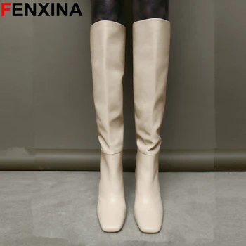 FENXINA, размер 34-43, ZA, сапоги из натуральной кожи, женские сапоги до колена на высоком каблуке с квадратным носком, осенне-зимние модные ботинки, женская обувь