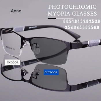 Half Frame Photochromic Myopia Glasses Men Business Metal Anti-blue Light Outdoor UV400 Color Changing очки для зрения на минус