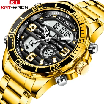 KAT-WACH Модные спортивные Военные часы, золотые Японские кварцевые наручные часы с хронографом Для мужчин, светящиеся водонепроницаемые часы