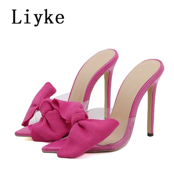 Liyke 2023, Новая мода, Зеленая Сетка, Бант, Женские Туфли для вечеринки на высоком каблуке, Летние Сандалии, Прозрачная обувь из ПВХ с острым носком,