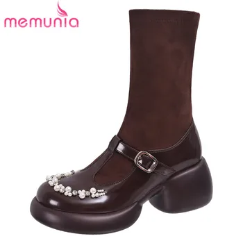 MEMUNIA/ Новинка 2023, зимние ботинки из натуральной кожи с бусинами, женские ботинки на молнии на платформе до середины икры, сапоги на высоком квадратном каблуке с пряжкой