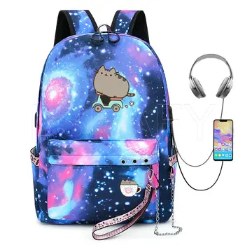 Pusheen Cat USB Рюкзак Школьная сумка Милый Студенческий рюкзак Мужчины Женщины Дорожная сумка большой емкости USB Сумки для ноутбуков