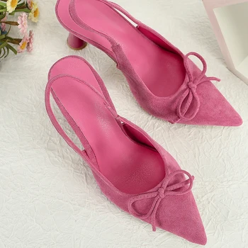 RIBETRINI 2023, абсолютно новые женские туфли-лодочки на высоком каблуке с бантом, без застежки, с откидной спинкой, Удобные розовые летние туфли для дам