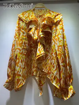 TWOTWINSTYLE Повседневные блузки с цветным блоком и принтом для женщин, V-образный вырез, Длинный рукав, Свободная блузка в стиле пэчворк, на шнуровке, Новинка женской моды