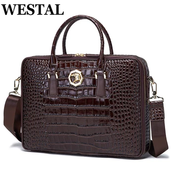 WESTAL Кожаный мужской портфель с рисунком сумки через плечо Большая вместительная сумка для ноутбука 14-дюймовые сумки для ноутбуков 0026