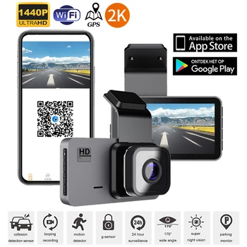 Автомобильный видеорегистратор WiFi GPS Dash Cam 1440P Камера автомобиля заднего вида с двумя объективами Видеорегистратор для вождения Видеорегистратор Dashcam Автоматический Черный ящик Парковочный монитор