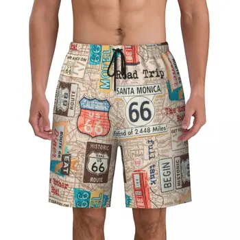 Винтажные мужские плавки с принтом Route 66, быстросохнущая пляжная одежда, пляжные шорты-бордшорты с картой автомобильных дорог США