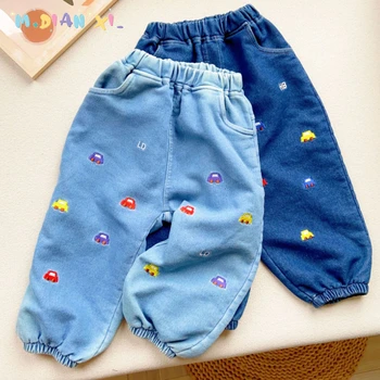 Детские джинсы 2023, весенне-осенние детские джинсовые штаны для отдыха, штаны для мальчиков и девочек с мультяшной вышивкой