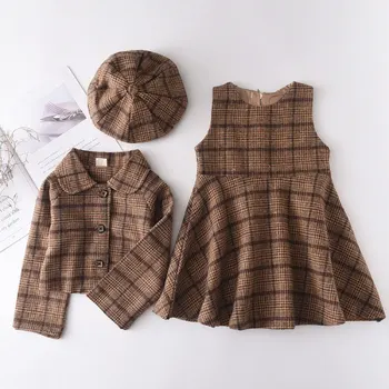 Детский осенне-зимний комплект из 3 предметов, платье-жилетка в клетку, пальто и берет для маленьких девочек, комплект детской одежды