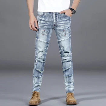 Джинсы в стиле хип-хоп, мужские Тонкие обтягивающие светло-голубые джинсы, стрейчевые брюки, уличная одежда, мужские треузеры в стиле пэчворк, Рваные потертости в стиле панк