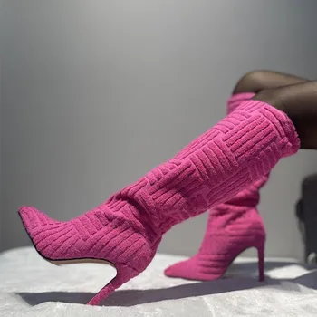 Дизайнерские замшевые сапоги до колена с заостренным носком на тонком каблуке, увеличивающем высоту, узкие рыцарские сапоги большого размера, сексуальные женские ботинки