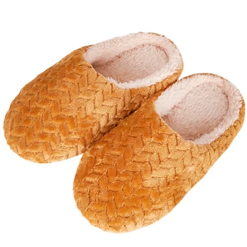 Желтая домашняя зимняя хлопчатобумажная обувь для девочек, теплые нескользящие домашние тапочки на плоской подошве для женщин, женские плюшевые тапочки
