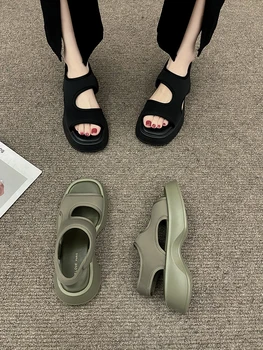 Женская обувь, спортивные сандалии, новинка 2023 года, летняя модная повседневная черная римская обувь на платформе, женские сандалии, пляжная обувь с квадратным носком