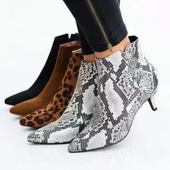 Женские ботинки 2023, Весенние ботильоны на заостренном каблуке, Европейская и американская мода, Леопардовый принт, Молния сбоку, каблук большого размера Na