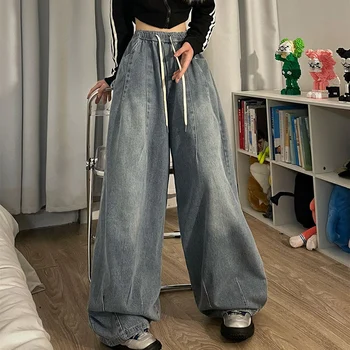 Женские винтажные мешковатые джинсы Y2K, высокая талия, однотонный деним, Широкие брюки, свободный шнурок, уличная одежда, прямые повседневные брюки Harajuku