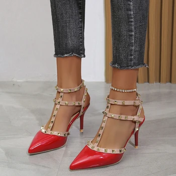 Женские высокие каблуки, модные римские сандалии на шпильке с заклепками и пряжкой, удобные пикантные туфли с острым носком на высоком каблуке Zapatilla Mujer