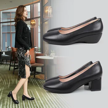 Женские профессиональные черные кожаные туфли из натуральной кожи на мягкой подошве на блочном каблуке