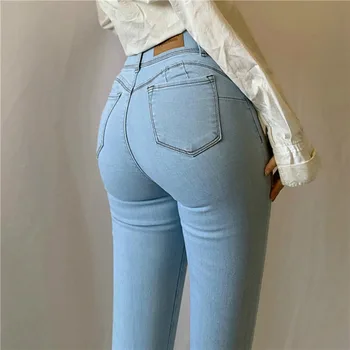 Женские стрейчевые узкие джинсы с высокой талией, пуш-ап на бедрах, эластичные хлопковые синие джинсовые брюки, женские повседневные брюки, джинсы с напуском