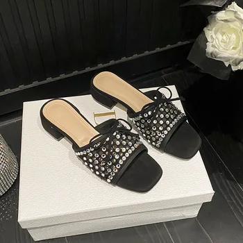 Женские тапочки с кристаллами с открытым носком, летние туфли с бантом, модные босоножки на высоком толстом каблуке Zapatos Mujer