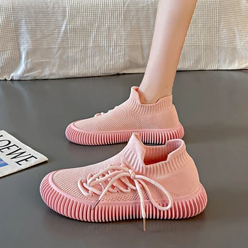 Женские трикотажные дышащие кроссовки, легкие нескользящие спортивные теннисные туфли для женщин, осенние повседневные туфли на плоской подошве 2023 года.