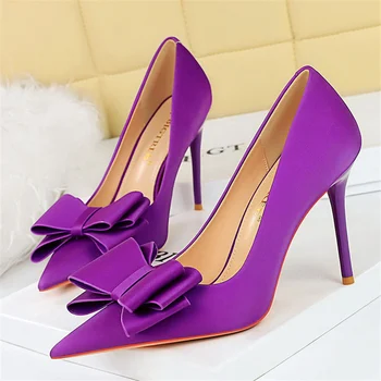 Женские фиолетовые туфли-лодочки на высоком каблуке 10 см, женские свадебные туфли-лодочки персиково-синего цвета с классическим бантом на каблуках, Шелковые атласные туфли для ночного клуба Buttefly Knot