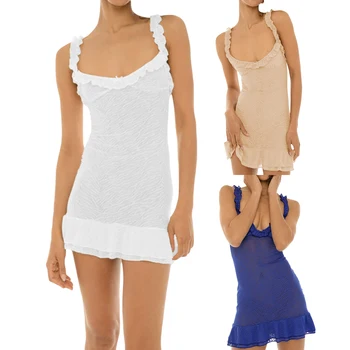 Женское мини-облегающее платье Y2K с кружевными прозрачными оборками, без рукавов, на бретелях, Летнее вечернее платье с открытой спиной, Белое платье