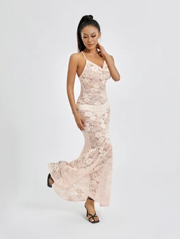 Женское Прозрачное Длинное платье Y2K, элегантные Сетчатые платья с высоким разрезом, сексуальное платье-накидка 2023, Летнее пляжное платье