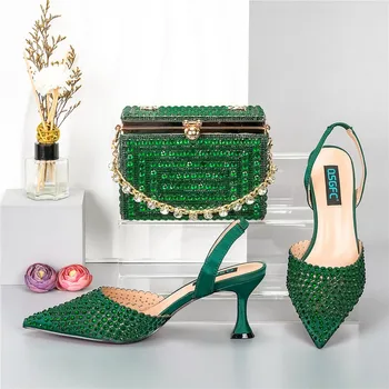 Зеленый комплект женской обуви и сумочки, модные женские туфли-лодочки, сочетающиеся с сумочкой, босоножки, клатч, женские сандалии с острыми носками QSL078