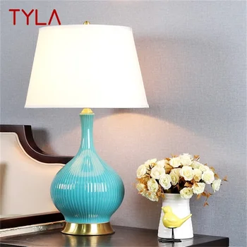 Керамическая настольная лампа TYLA, Медная Современная Роскошная Бледно-голубая Настольная лампа LED Для дома У кровати
