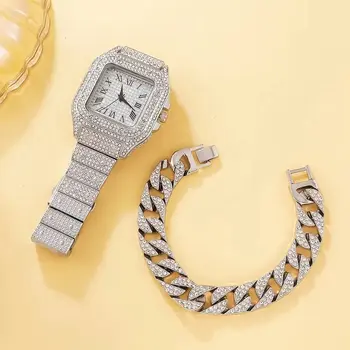 Комплект из 2 предметов, женские часы с бриллиантами, золотые часы, женские наручные часы, роскошные брендовые женские часы-браслет со стразами
