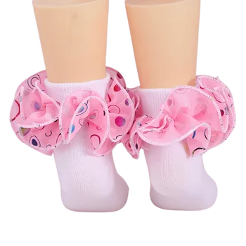 Комплект из 3 предметов Для женщин и молодых девушек с мерцающим круговым рисунком, Розовые шифоновые кружевные хлопчатобумажные носки с дышащей сеткой, Белые носки с оборками больших размеров