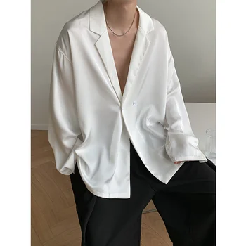 Корейский стиль, однотонные мужские рубашки из ледяного шелка с V-образным вырезом, новинка весны 2023, блузки с отложным воротником, универсальные топы с длинными рукавами