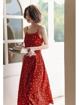 Красное платье с цветочным рисунком, женская летняя юбка-комбинация от французской высокой моды, Длинное платье, Облегающее Пляжное платье для отдыха