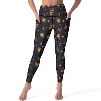 Леггинсы Sun Moon, сексуальные штаны для фитнеса и йоги с принтом Галактики, эластичные спортивные колготки с высокой талией, карманы, милые леггинсы с принтом