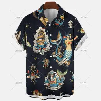 Летние Гавайские рубашки 2023 года, мужская мода в стиле ретро, Русалка, 3d, Повседневный Свободный Дышащий топ с коротким рукавом, Camisa Floral Masculina