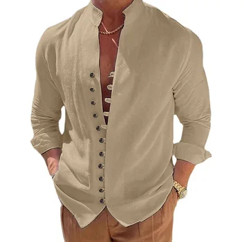 Модная мужская повседневная рубашка на пуговицах, однотонные хлопковые льняные топы, Винтажные рубашки с длинными рукавами и воротником-стойкой Для мужчин, уличная одежда