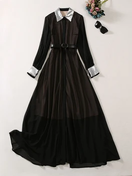 Модное подиумное платье с длинным женским отложным воротником из чистой черной сетки с пайетками High Street Vestidos