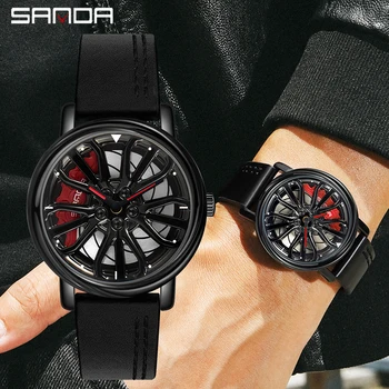 Модные Мужские Кварцевые наручные часы с креативным вращением колеса автомобиля на 360 градусов, Кварцевые Часы с Кожаным водонепроницаемым ободом, Мужские Часы-ступицы