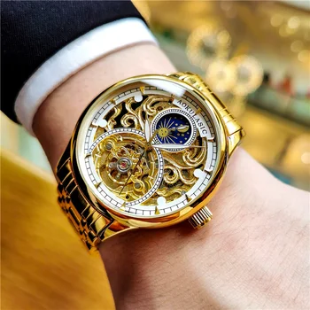 Мужские наручные часы AOKULASIC, автоматические механические военные спортивные Оригинальные мужские часы, лучший бренд, роскошные полые часы со скелетом, подарок 522