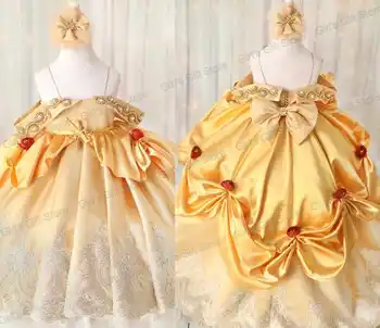 Нарядные платья для девочек Золотая принцесса на тонких бретельках Хрустальные бусины Оборки Атласное кружевное бальное платье Платья для девочек в цветочек