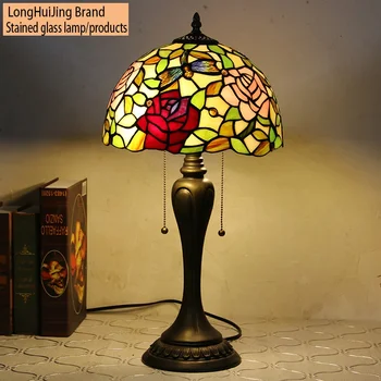 Настольные лампы с витражным стеклом LongHuiJing Rose в стиле Тиффани, настольные лампы из художественного стекла с 12-дюймовым абажуром, антикварные лампы