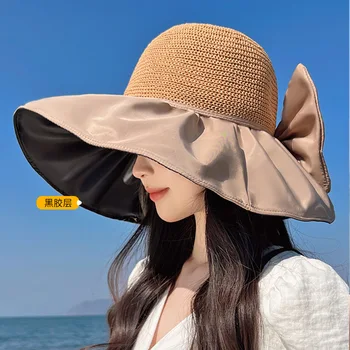 Новая Шляпа в Корейском стиле, Женская мода, Виниловая Солнцезащитная Шляпа с Бантом, Летняя Дорожная Шляпа с Широкими полями для хранения Солнцезащитных шляп