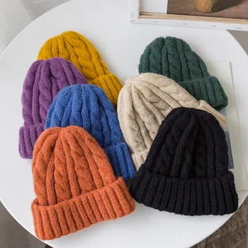 Новые вязаные шапки ярких цветов для женщин в стиле Kpop, шерстяная шапочка-бини, осенне-зимняя женская шапка, сохраняющая тепло Зимняя шапка